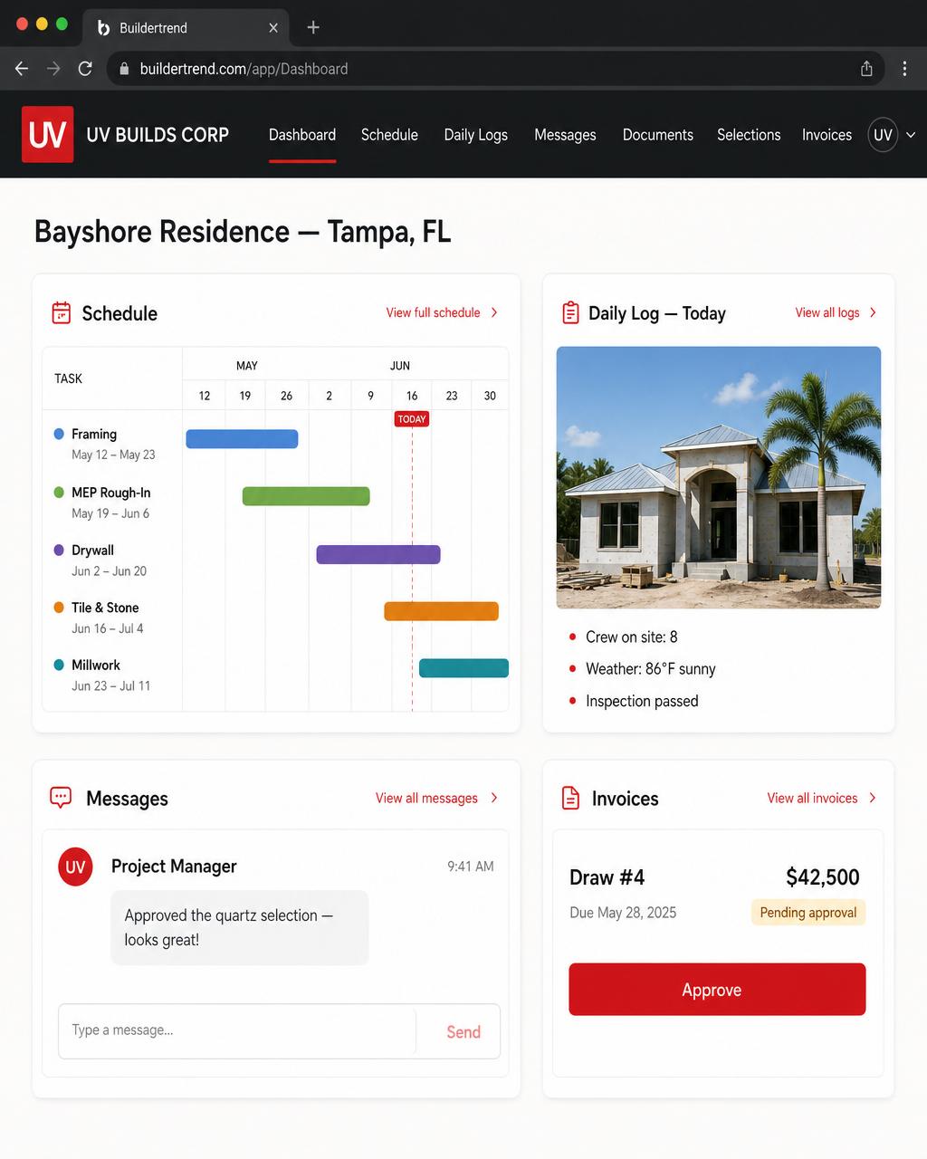 Preview of the UV Builds Buildertrend client portal showing project schedule, daily logs, messages, and invoices