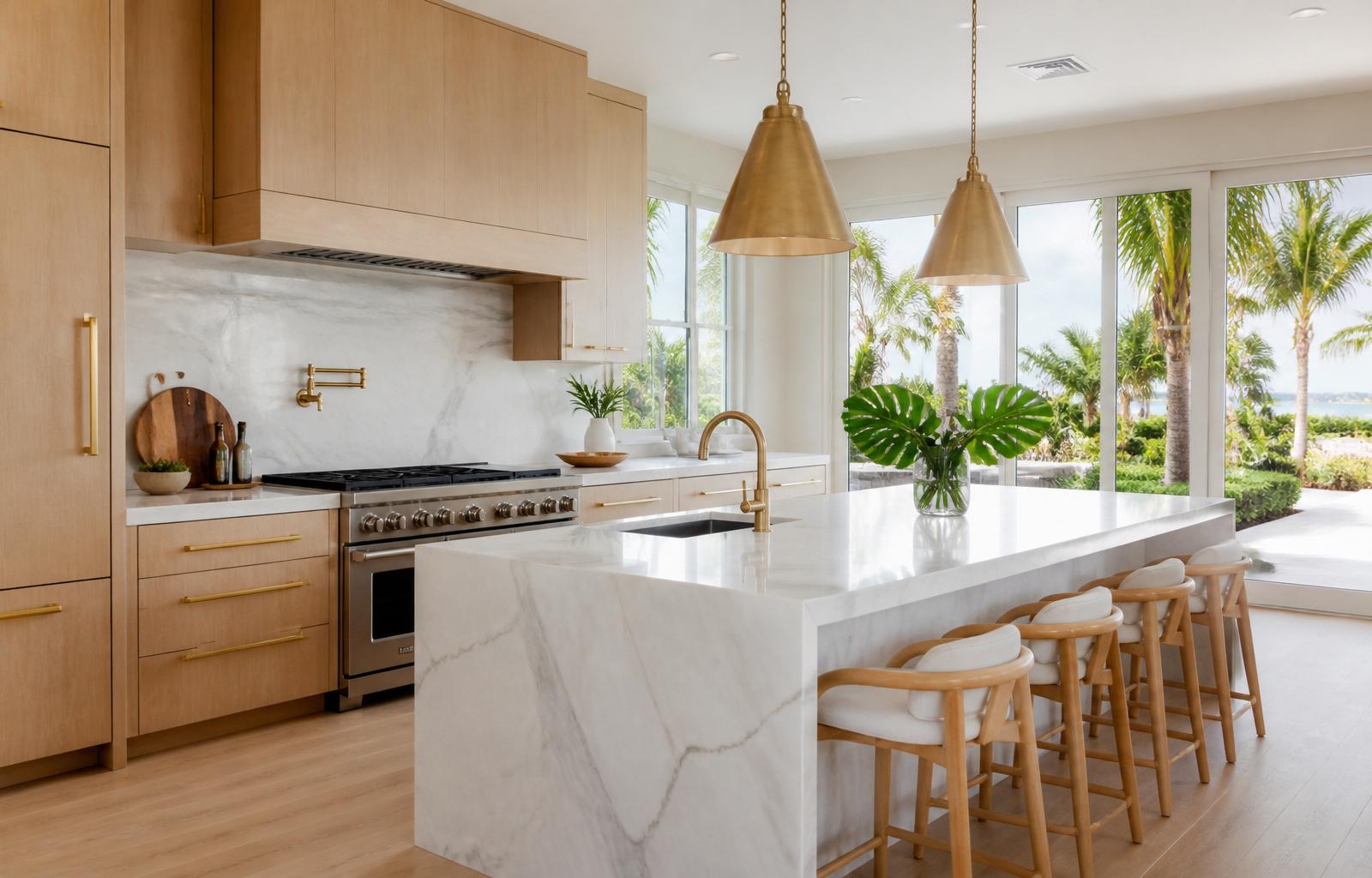 Luxury kitchen with marble waterfall island