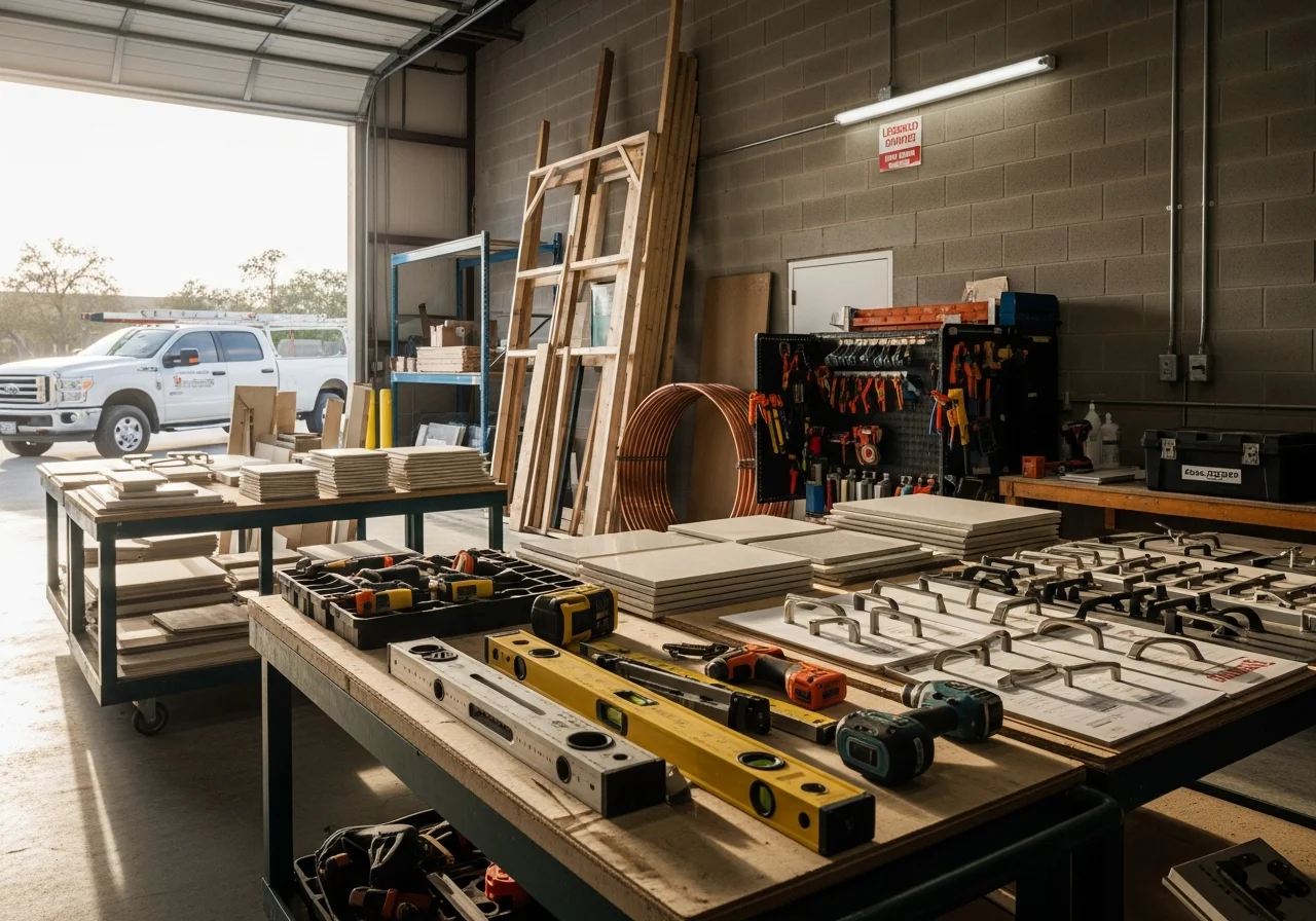 Construction crew and tools on an active job site, showcasing professional contracting equipment and materials.