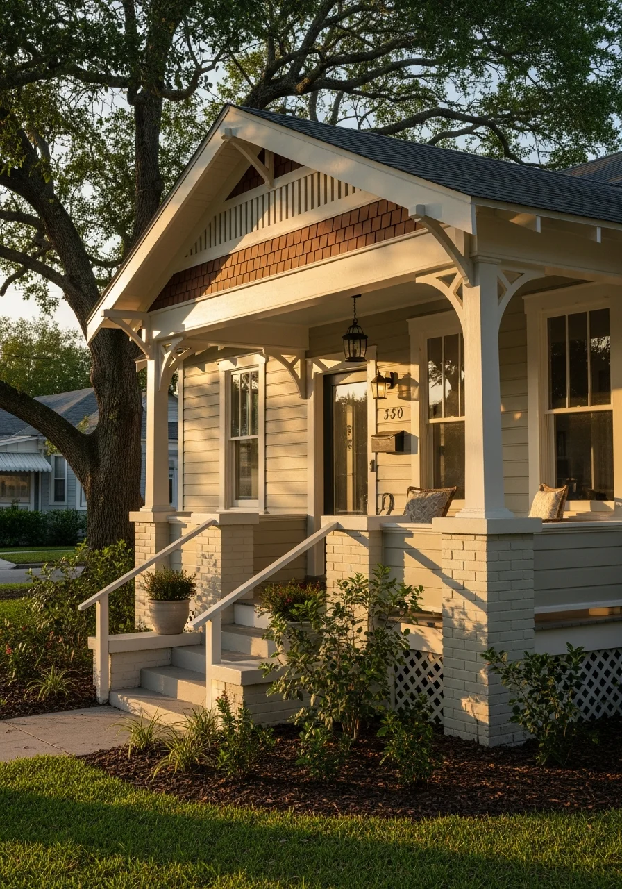 Detailed view of a South Tampa bungalow's front porch and architectural details.