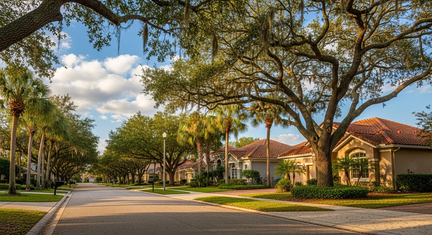 Residential street in Tampa Bay with palm trees and established homes under clear blue sky.