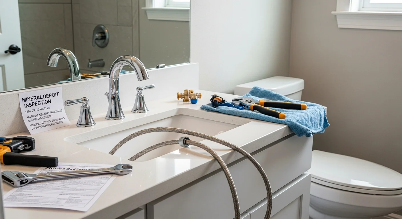 A freshly installed bathroom vanity faucet and matching showerhead in a Tampa Bay Area home, showing clean supply line connections and polished fixture hardware against a tiled bathroom wall. The installation reflects moisture-resistant detailing suited to Florida's humid indoor environment.