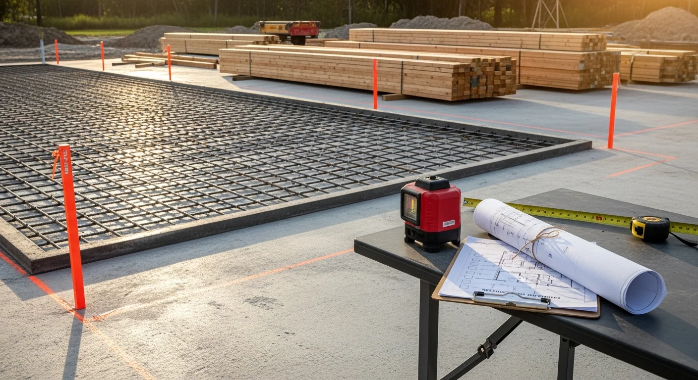 A UV Builds project manager reviewing construction plans on an active Tampa Bay Area job site with framed walls and a clear blue Florida sky in the background. The image shows a residential build in progress with visible structural framing and organized materials staged nearby.