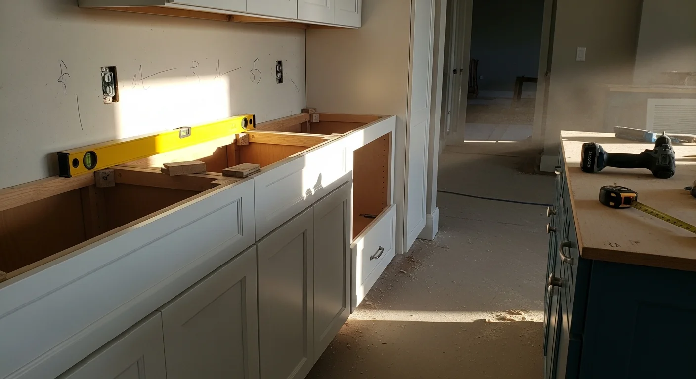 Newly installed custom kitchen cabinets in a Tampa Bay Area home, showing aligned upper and lower cabinet runs with clean crown molding detail and fitted hardware. The installation reflects a coastal-influenced design with light-toned cabinetry suited to Florida's bright, open kitchen layouts.