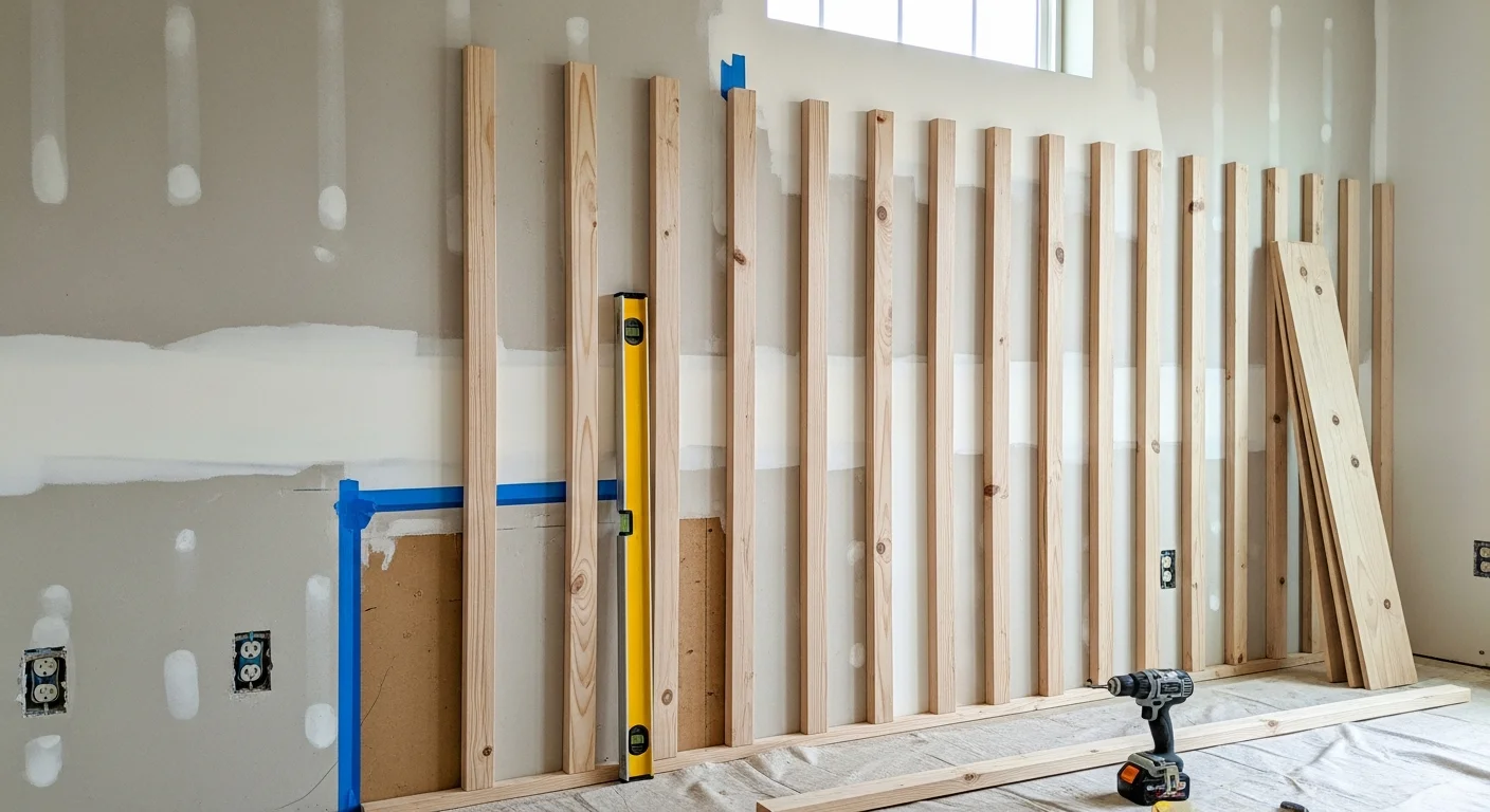 A finished custom decorative wall installed by UV Builds in a Tampa Bay Area living room, featuring wood slat panels with integrated floating shelves and a clean, modern finish. The wall spans floor to ceiling and is photographed in natural afternoon light common to Florida open-concept interiors.