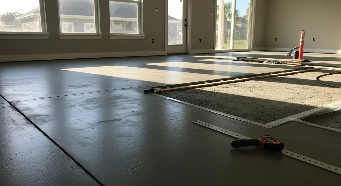 Newly installed flooring in a Tampa Bay Area home remodel, showing clean transitions between rooms and a finished concrete slab base. The room reflects a completed residential installation by UV Builds with no visible gaps or uneven surfaces.