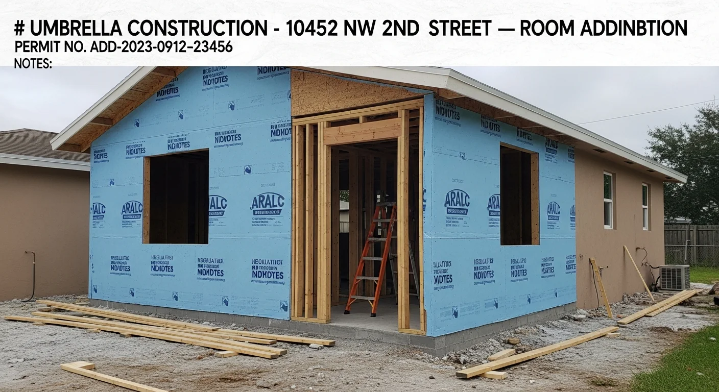 A completed residential addition in the Tampa Bay Area showing clean exterior framing and finished stucco siding built to Florida climate standards. UV Builds general contracting crew working on a ground-up construction project in Tampa with visible structural framing and a clear blue Florida sky overhead.