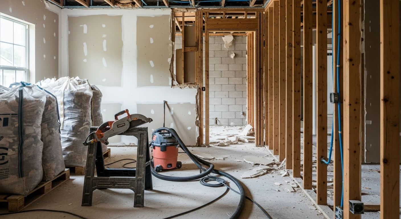 Interior demolition in progress inside a Tampa Bay Area home, with wood-frame walls stripped to the studs and flooring removed in preparation for a full remodel. The concrete block exterior walls remain intact while the interior space is cleared and ready for new construction.