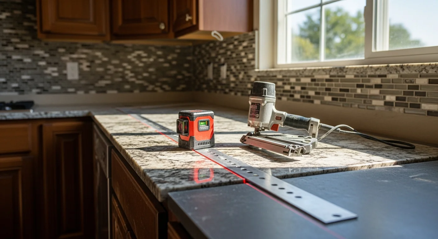 Newly installed kitchen countertop in a Tampa Bay Area home, showing a clean stone surface running along the perimeter and across a center island. The kitchen features an open layout typical of Florida homes, with natural light highlighting the countertop finish.