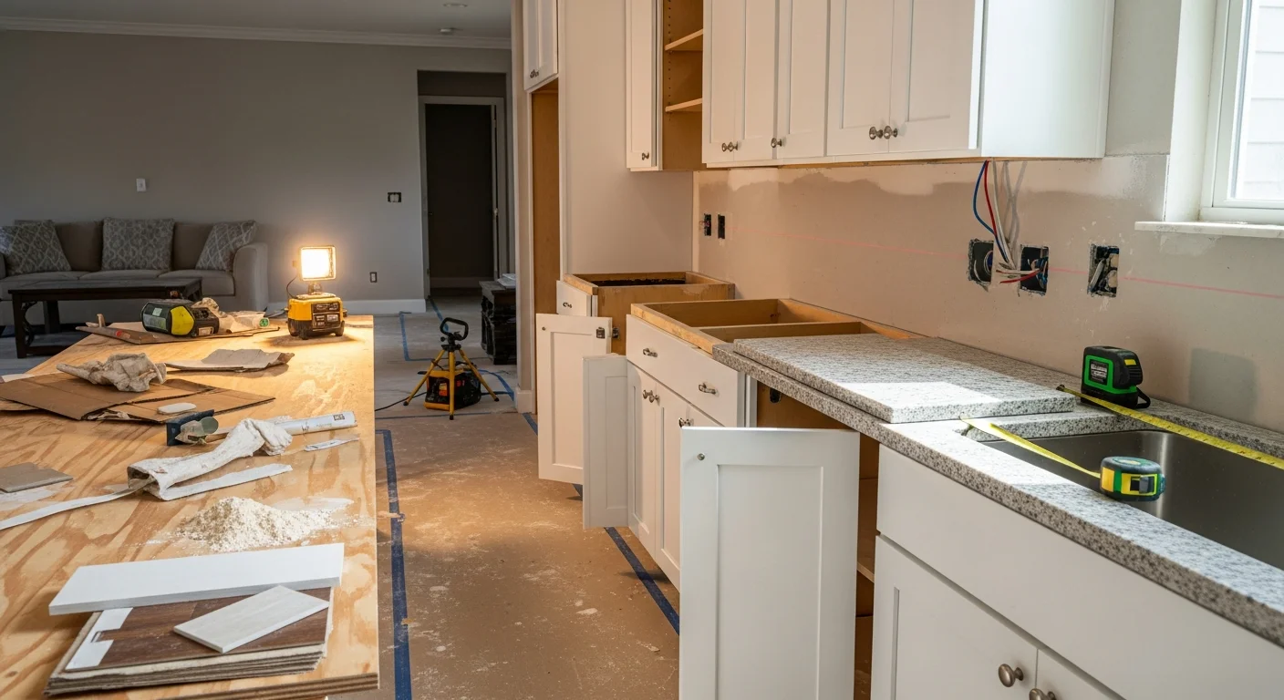 A finished kitchen remodel in a Tampa Bay Area home showing an open-concept layout with updated cabinetry, countertops, and recessed lighting. The space connects directly to the living area, reflecting the indoor-outdoor flow common in Florida homes.