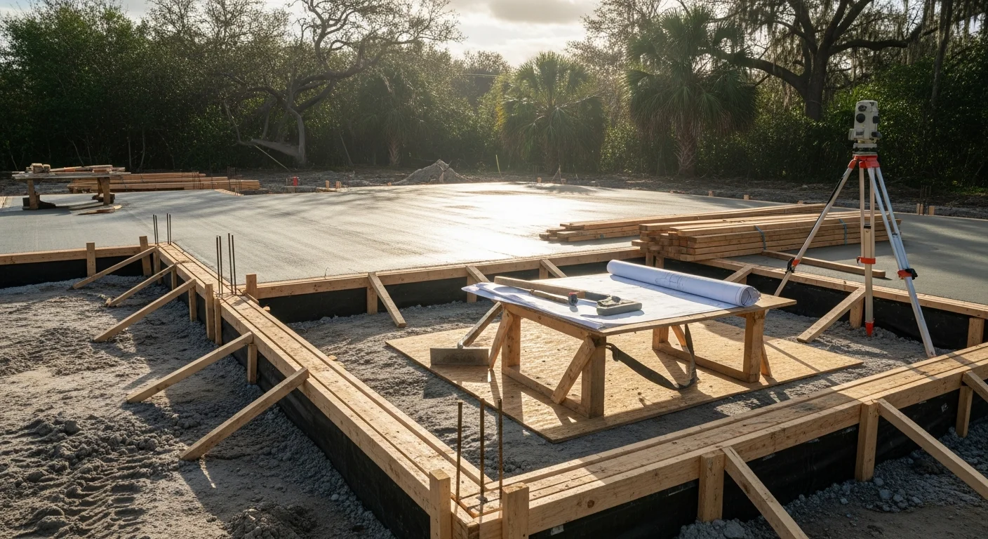 A newly constructed single-family home in the Tampa Bay Area with a completed exterior, concrete driveway, and fresh landscaping on a clear Florida day. UV Builds general contractor residential new construction project at final stage.